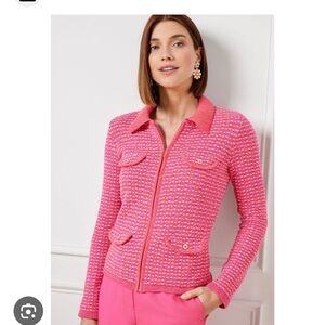 Talbots Lady Jacket Zip Cardigan Sweater Pink Girlcore Metallic Knit Size LP